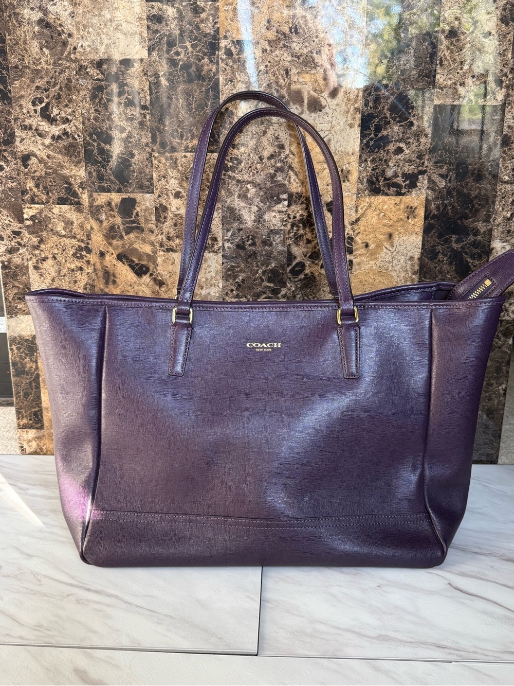 Coach Saffiano Leather City Tote in Black Violet/Plum - Like New